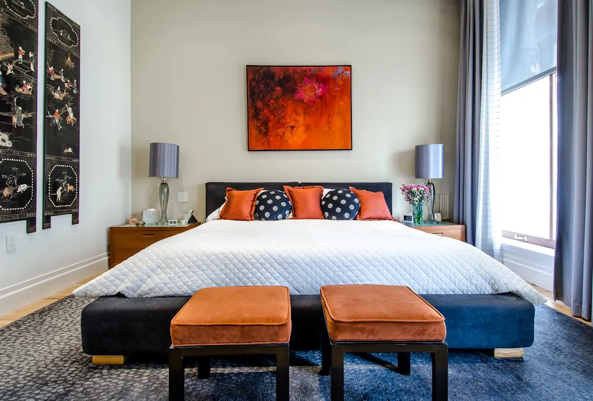 A peaceful bedroom setup with soft lighting, ideal for sleep